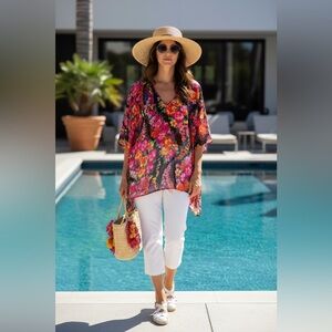 Show Me Your MuMu, Sheer Black Floral V-Neck Swim Coverup, Womens, Size Medium